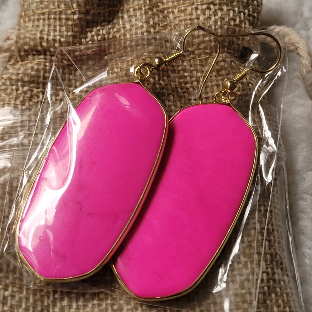Hot Pink Oval Drop Gold Plated Earrings